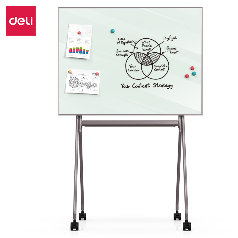 得力(deli)芭蕾支架玻璃白板 120*90cm稳固型磁性钢化玻璃带架子白板办公会议写字板黑板50070